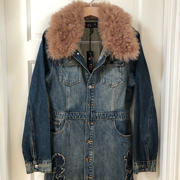 NWT Delia’s Denim Maxi Coat with Faux Fur Collar Embroidered roses Boho Beauty - Picture 2 of 9